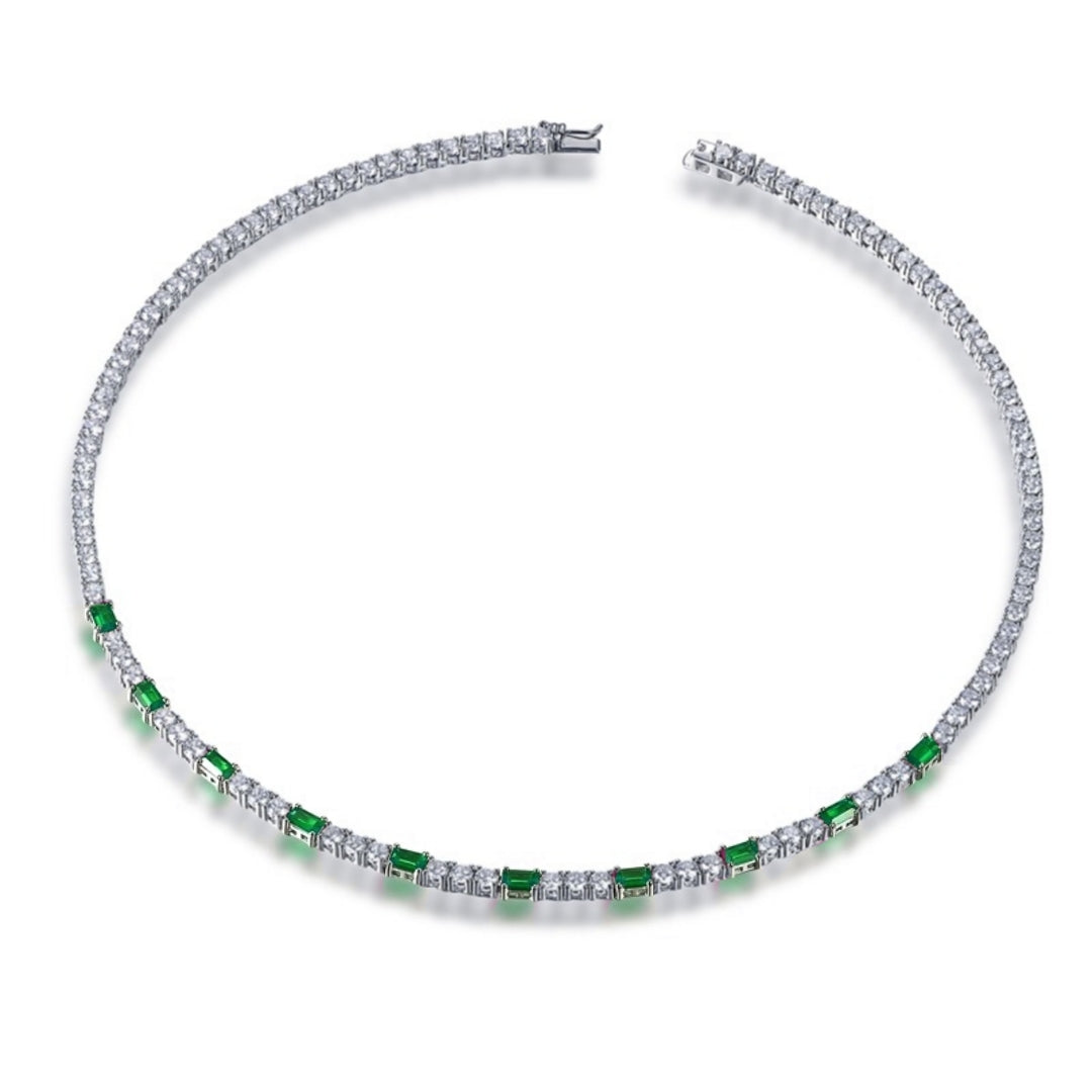 Sterling Silver Tennis Necklace With Interspersed Ruby or Sapphire CZ Stones