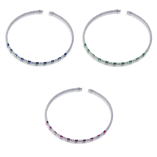 Sterling Silver Tennis Necklace With Interspersed Ruby or Sapphire CZ Stones