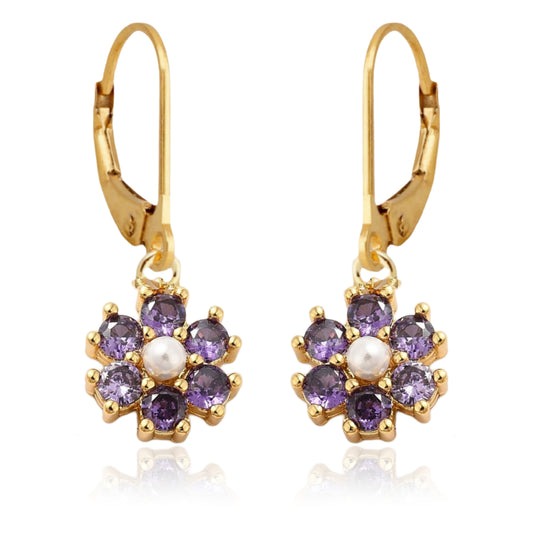 Color Stone and Pearl 7 Petal Flower Surgical Steel Earrings