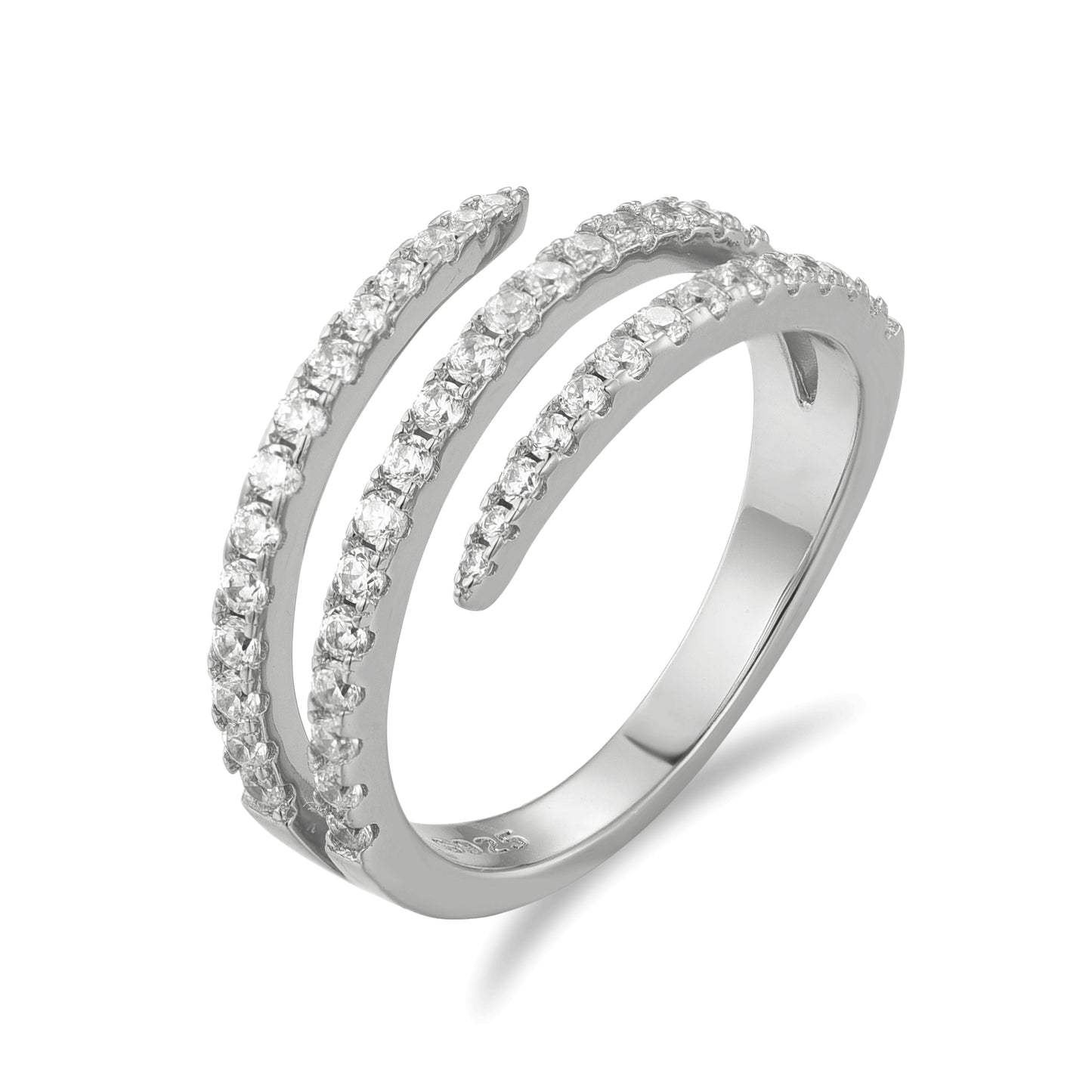 Sterling Silver Triple Swirl Bypass Micropave Ring in Rhodium Plated or Micron Gold Plated