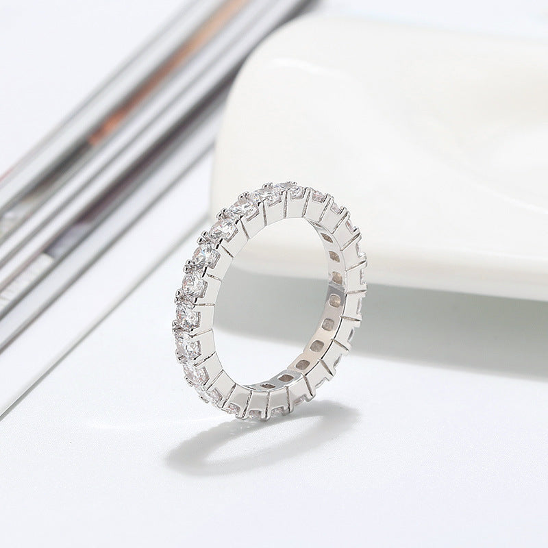 Rhodium Plated Sterling Silver 3mm CZ Eternity Band Ring in Basket Setting