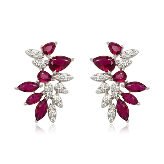 Sterling Silver Ruby and Clear CZ Cluster Stud Earring