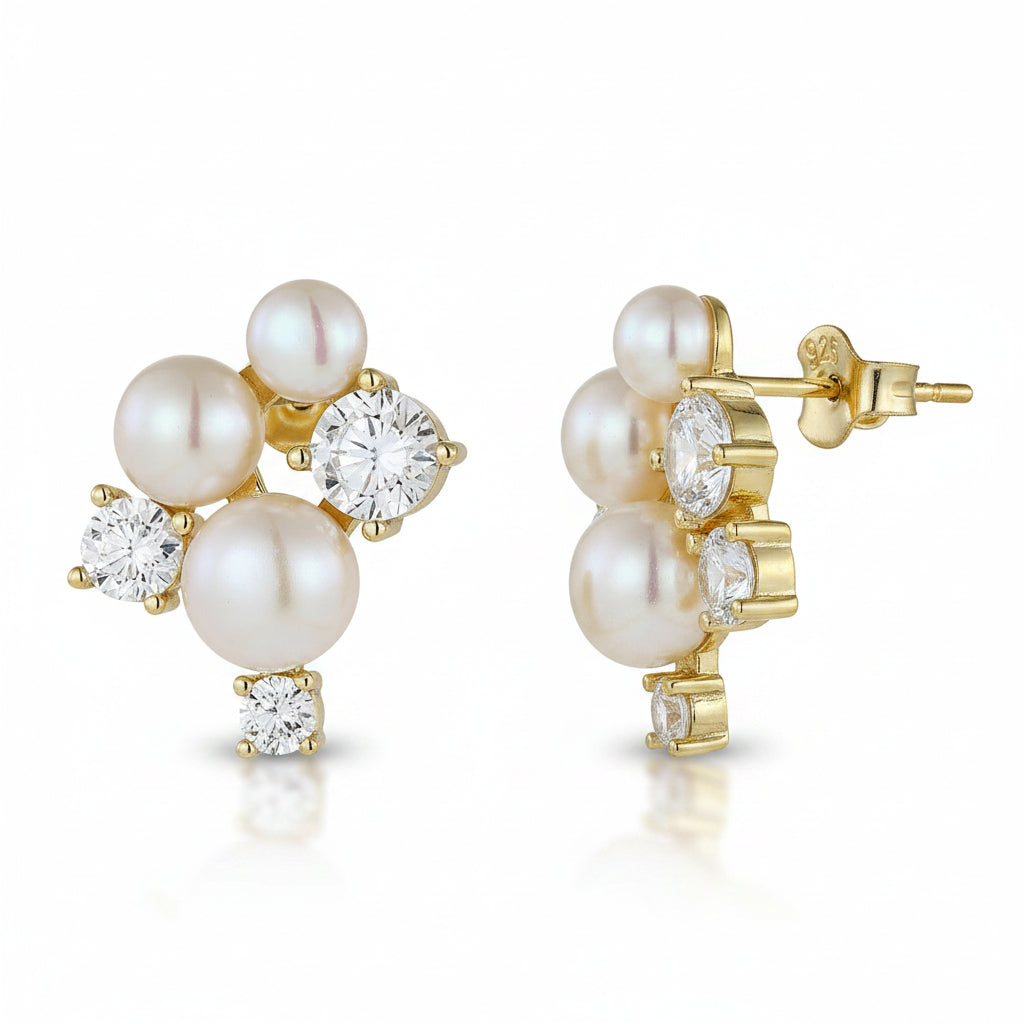 Sterling Silver Pearl & CZ Cluster Stud Earrings