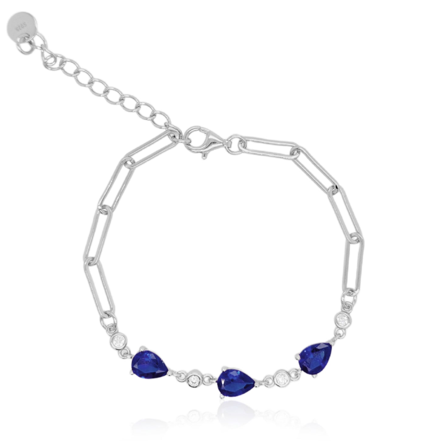 Sterling Silver Colored CZ Teardrop Stone Station Paperclip Bracelet