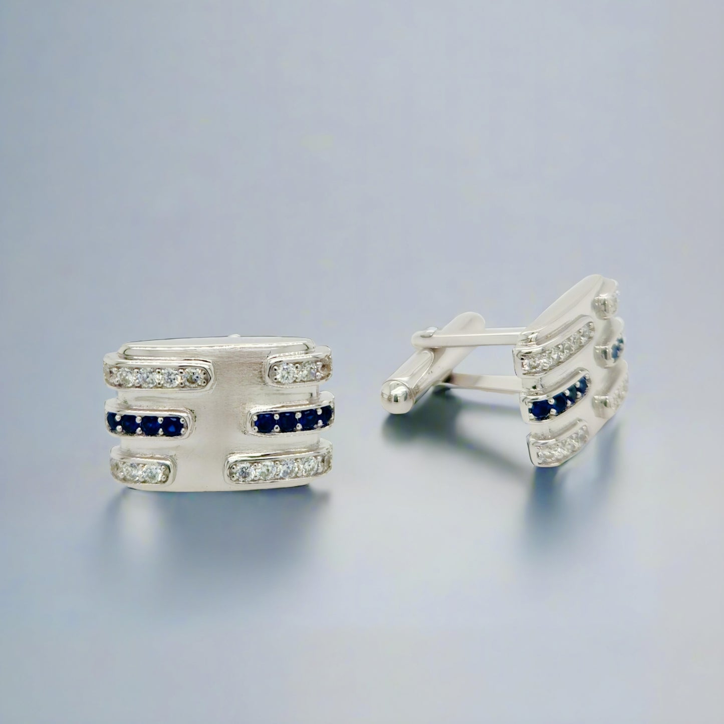 Sterling Silver With Clear and Sapphire CZ Lines Cufflinks