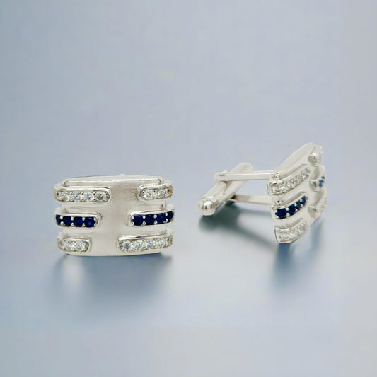 Sterling Silver With Clear and Sapphire CZ Lines Cufflinks
