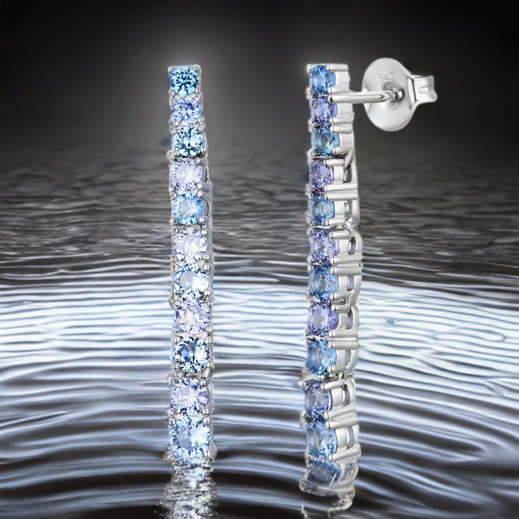 Sterling Silver Blue Mix Colored CZ Tennis Earring