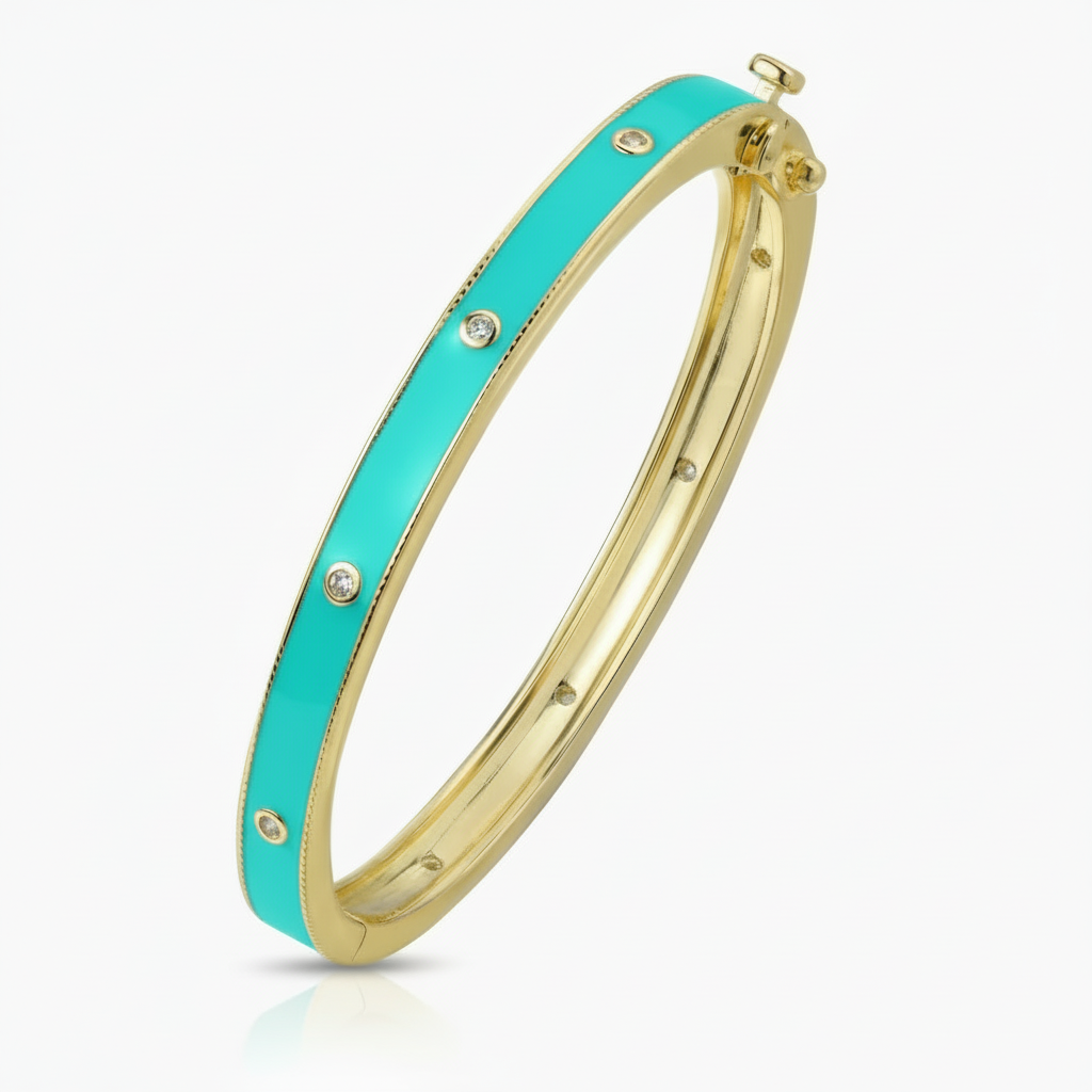 Gold Plated CZ Bangle - Enamel Accent Bracelet