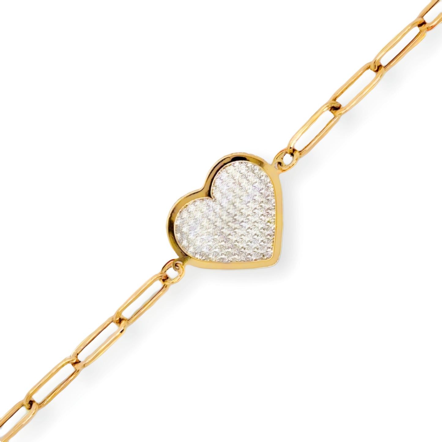 14k Gold Paperclip Bracelet With Center Two Tone Diamond Cut Heart