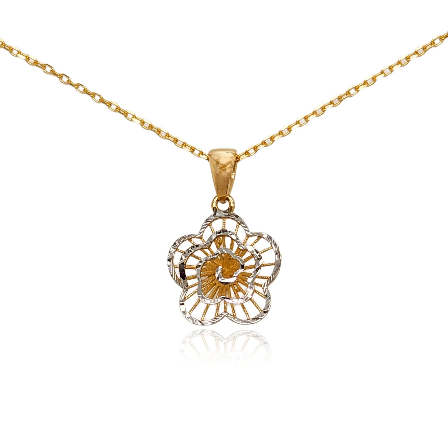 14k Gold Small Diamond Cut Flower Pendant Necklace