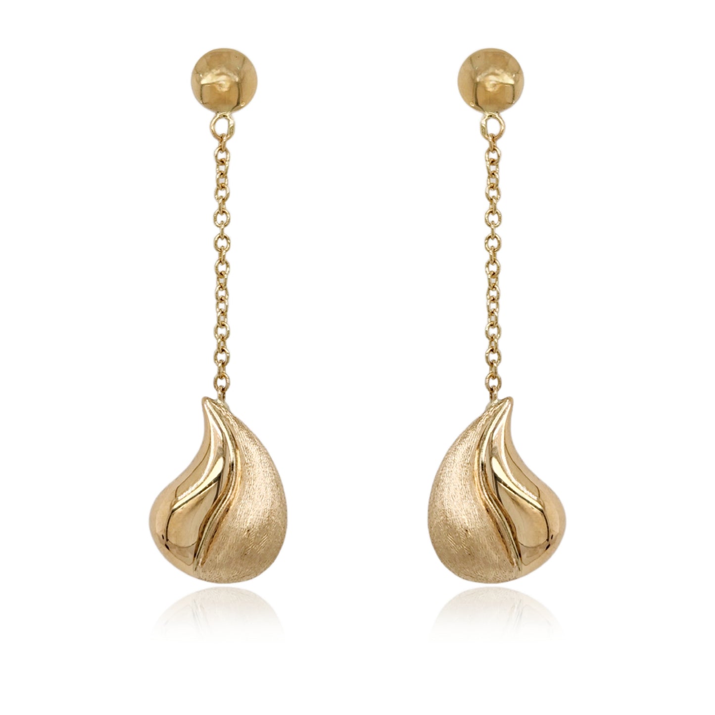 14K Gold Dangling Brushed and Shiny Teardrop Earrings