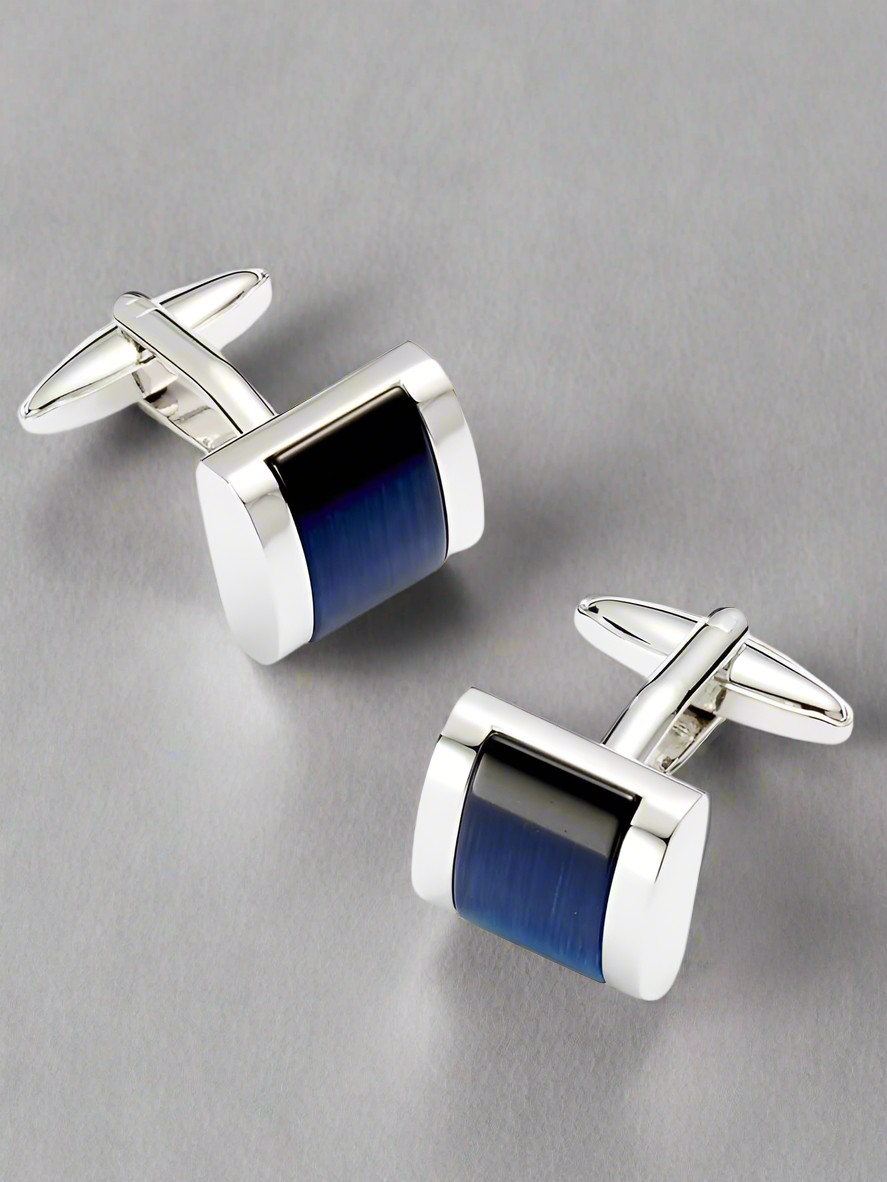 Rhodium Plated Curved Rectangular Blue Cufflinks