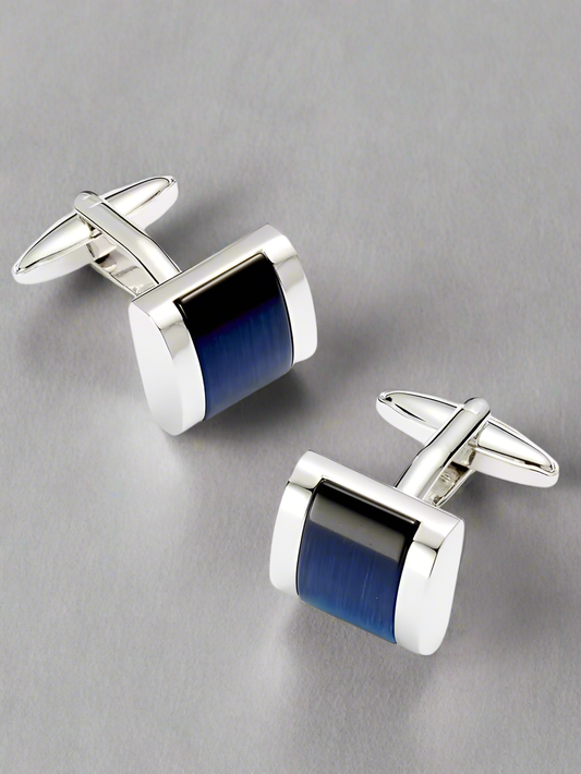 Rhodium Plated Curved Rectangular Blue Cufflinks