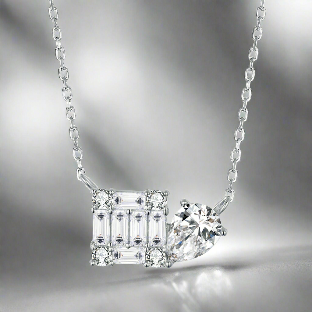 Sterling Silver Square and Pear CZ Necklace