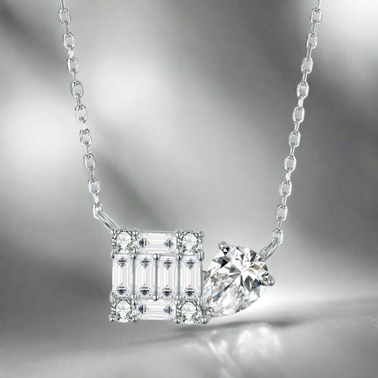 Sterling Silver Square and Pear CZ Necklace