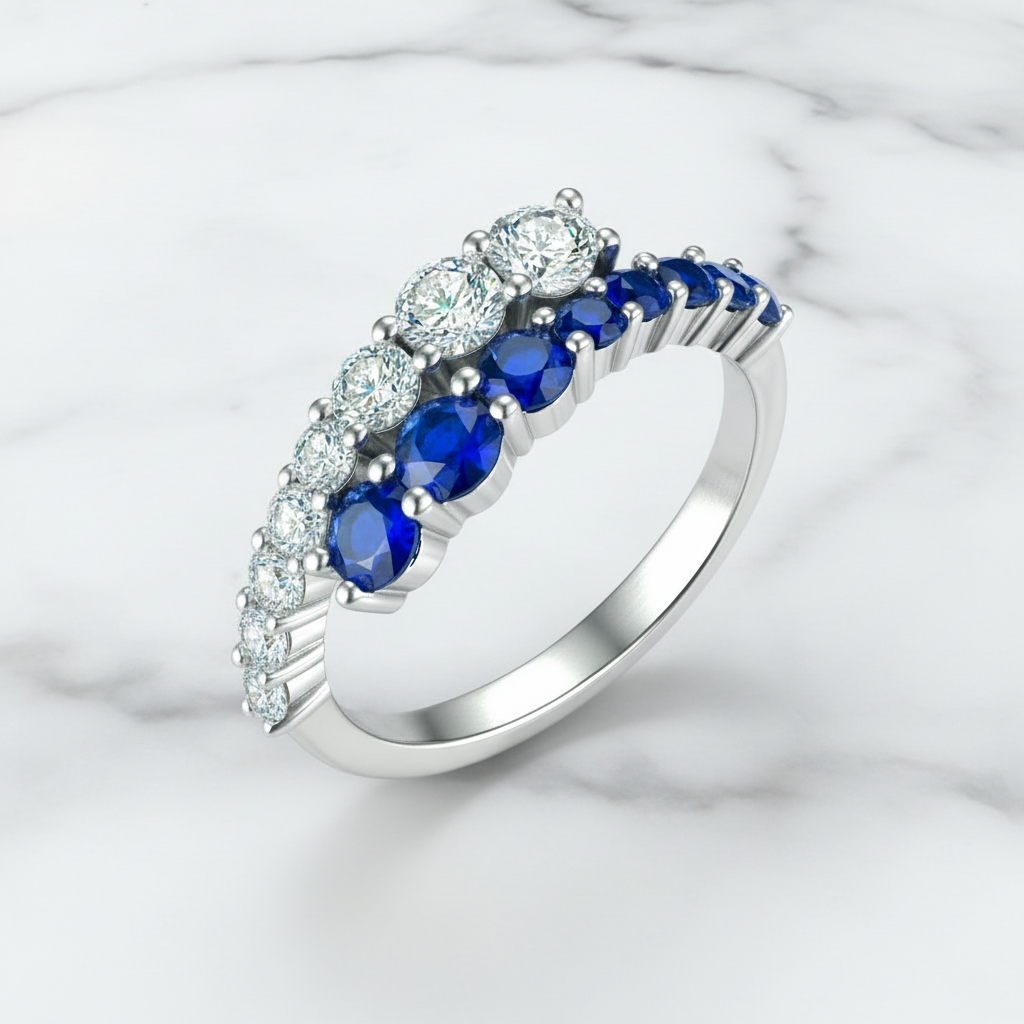 Sterling Silver Sapphire and Clear CZ Bypass Ring