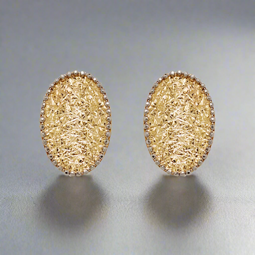 14K Gold Hammered Oval Diamond Cut Stud Earrings