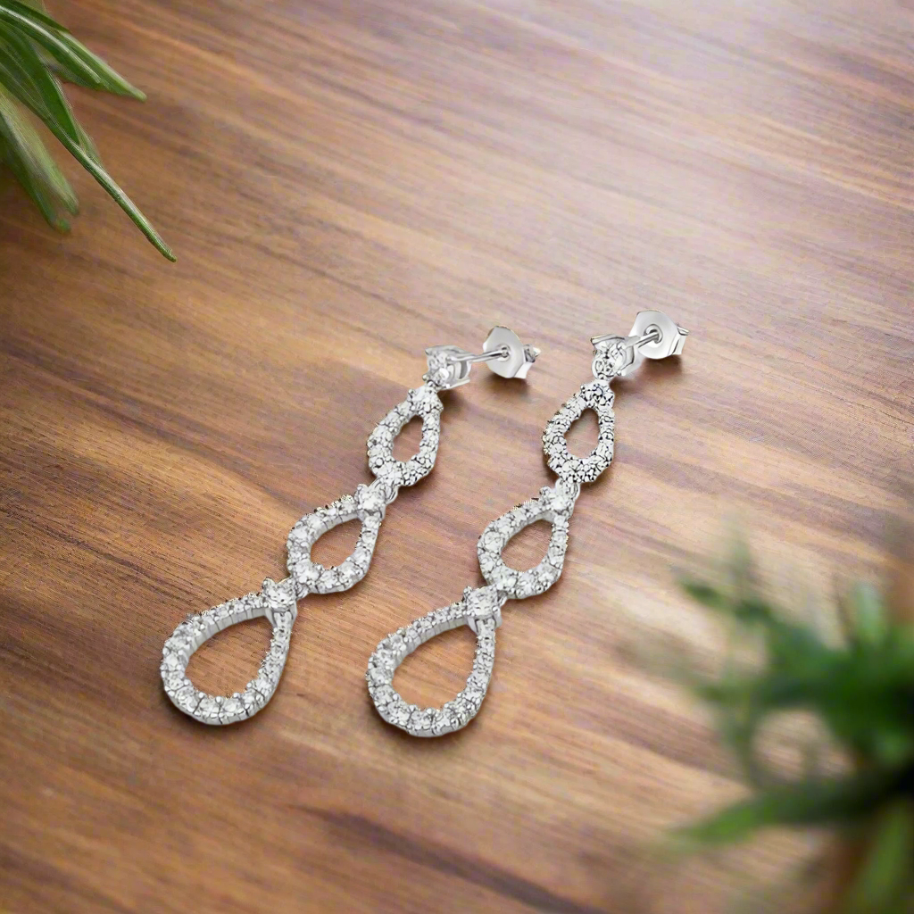 Sterling Silver Micropave Three Teardrop Earring