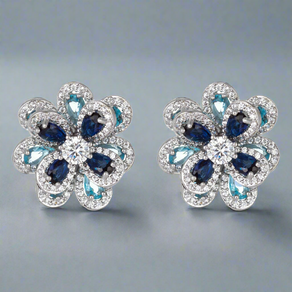 Sterling Silver Blue Mix Large Flower CZ Stud Earring