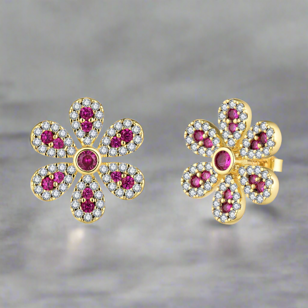 Sterling Silver Clear With Ruby or Sapphire CZ Flower Stud Earring