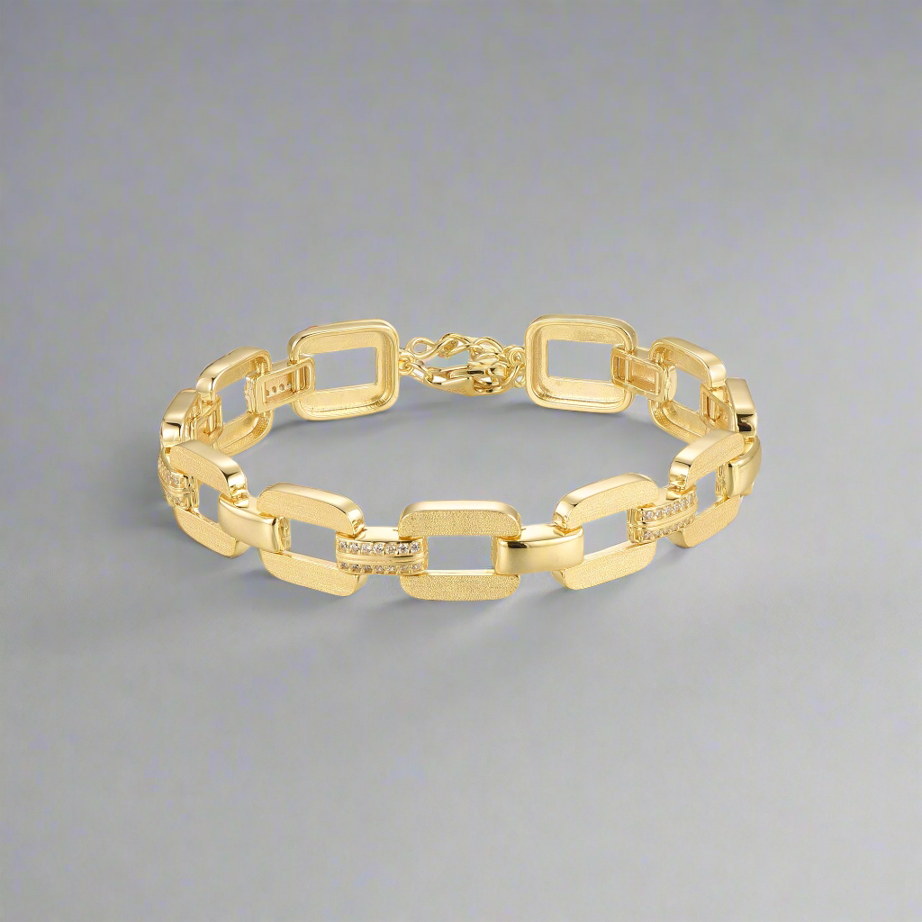 Sterling Silver Square Link With CZ Bracelet