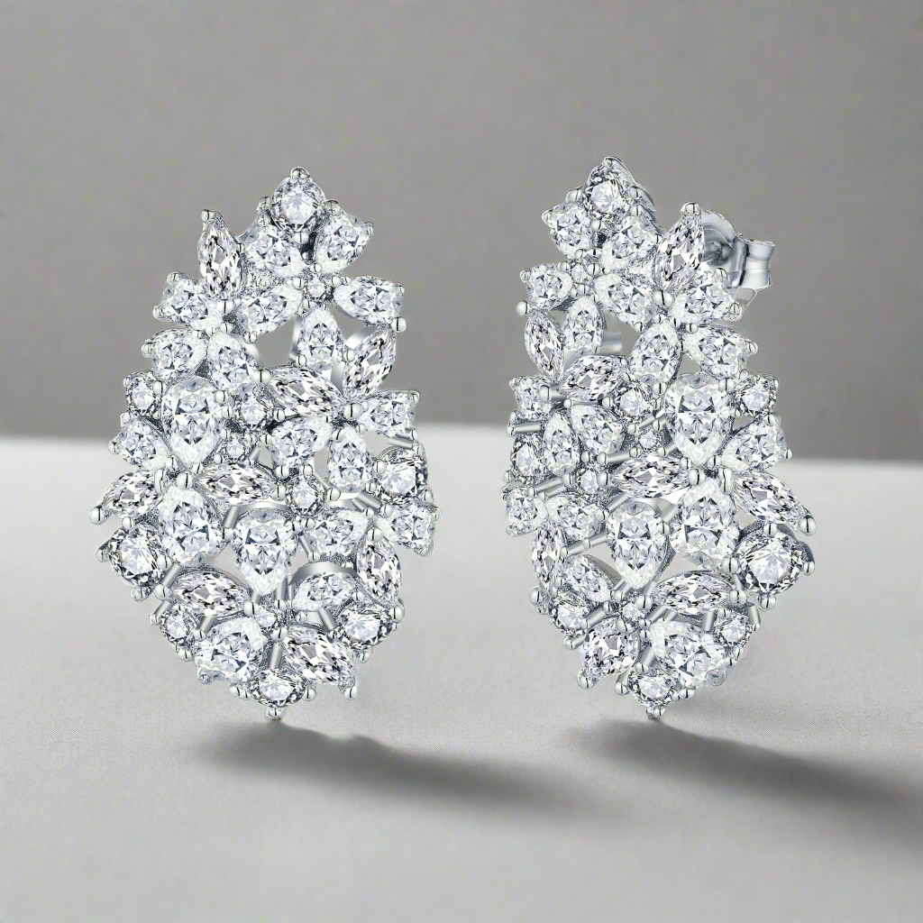 Sterling Silver Large Teardrop Cluster CZ Stud Earrings