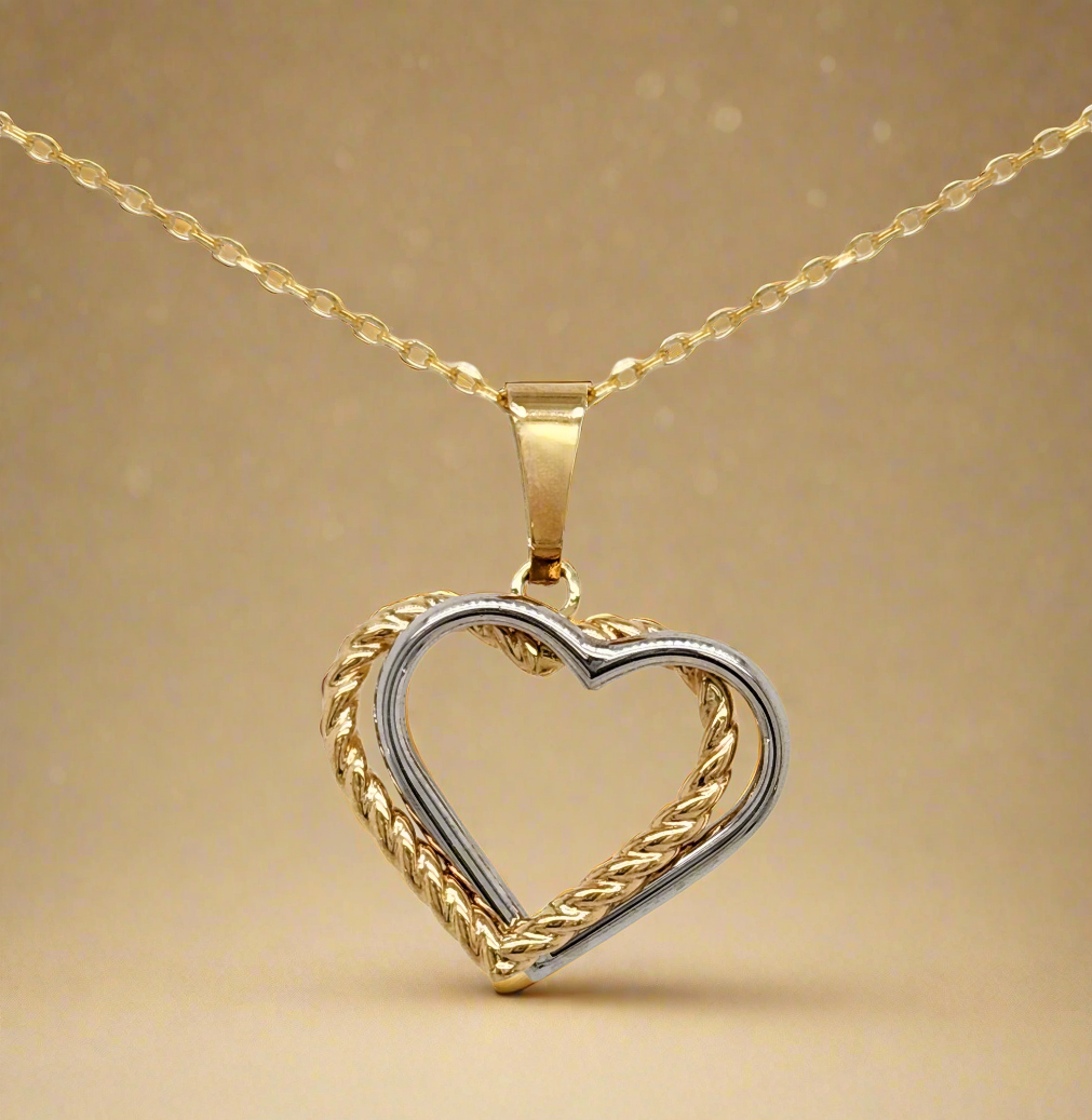 14k Gold Double Heart Two Tone Pendant Necklace