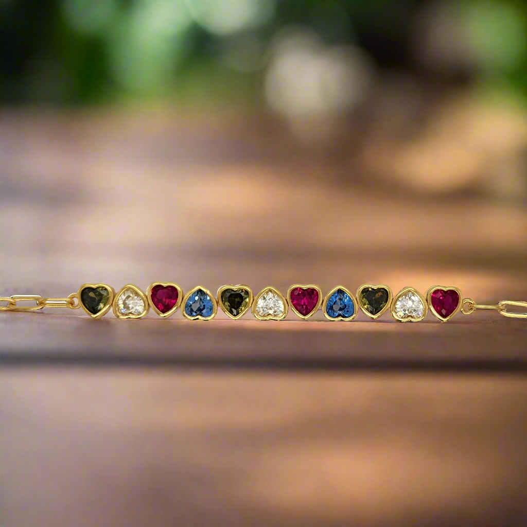 Sterling Silver Gold Plated Multicolor Heart Bracelet