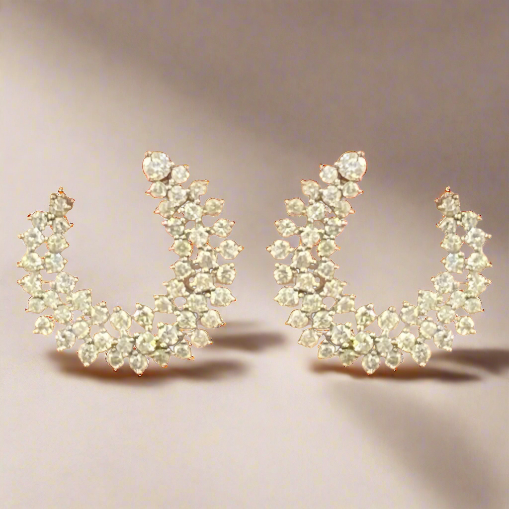 Sterling Silver 3 Row Sprinkled CZ C Shaped Side Hoop Earrings
