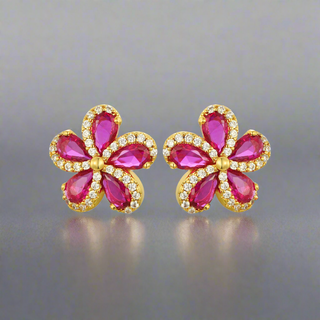 Lil' Empress Gold Plated or Rhodium Plated Surgical Steel 5 Petal Colorful CZ Flower Stud Earrings