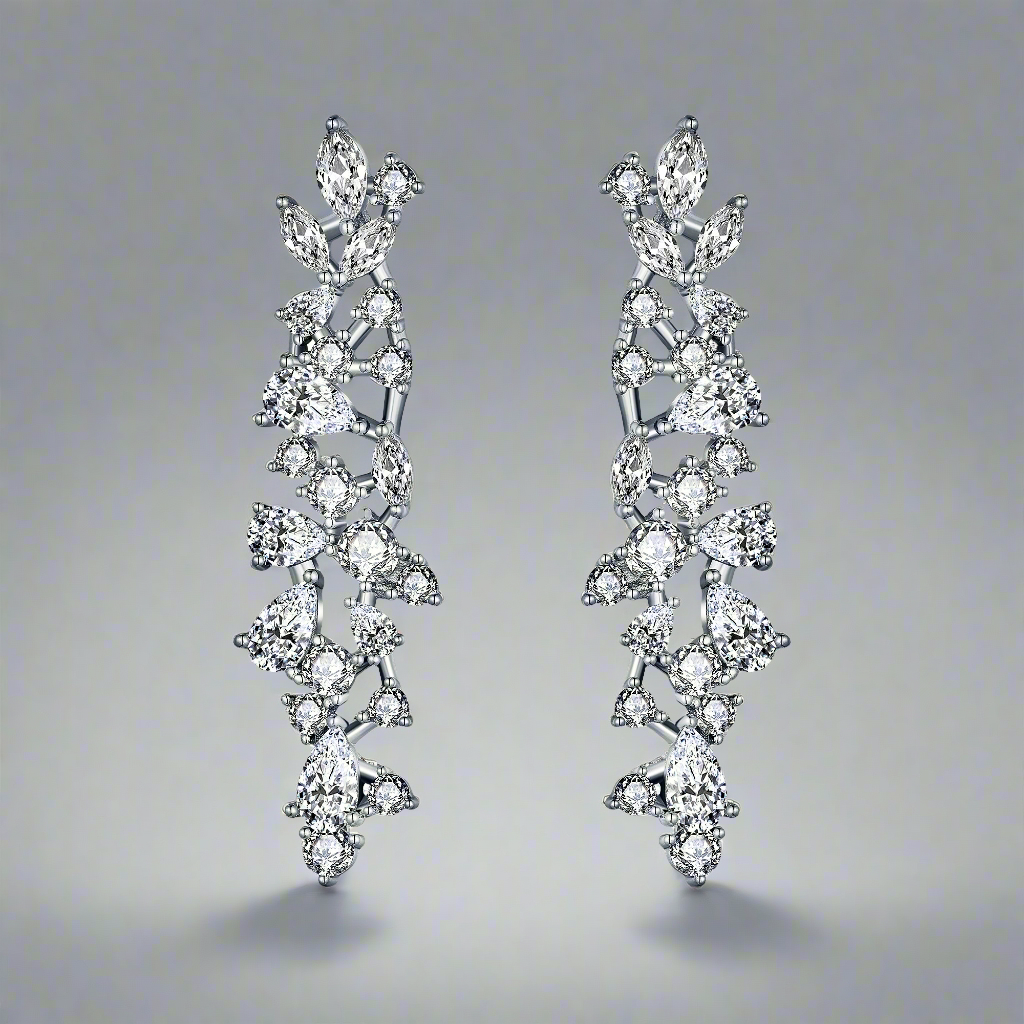 Rhodium Plated Sterling Silver Cascading Fancy Shape CZ Earring