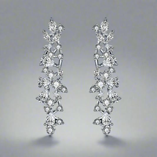 Rhodium Plated Sterling Silver Cascading Fancy Shape CZ Earring