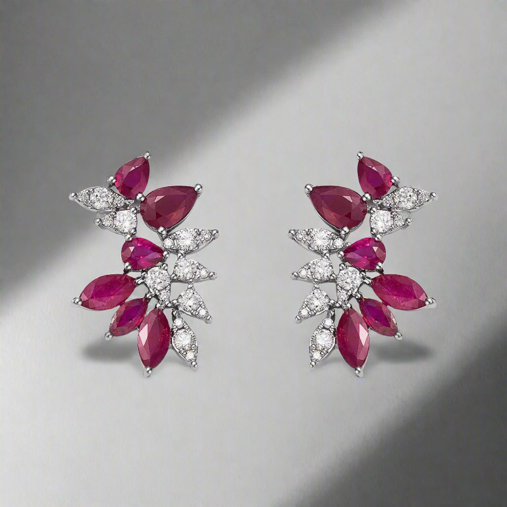 Sterling Silver Ruby and Clear CZ Cluster Stud Earring