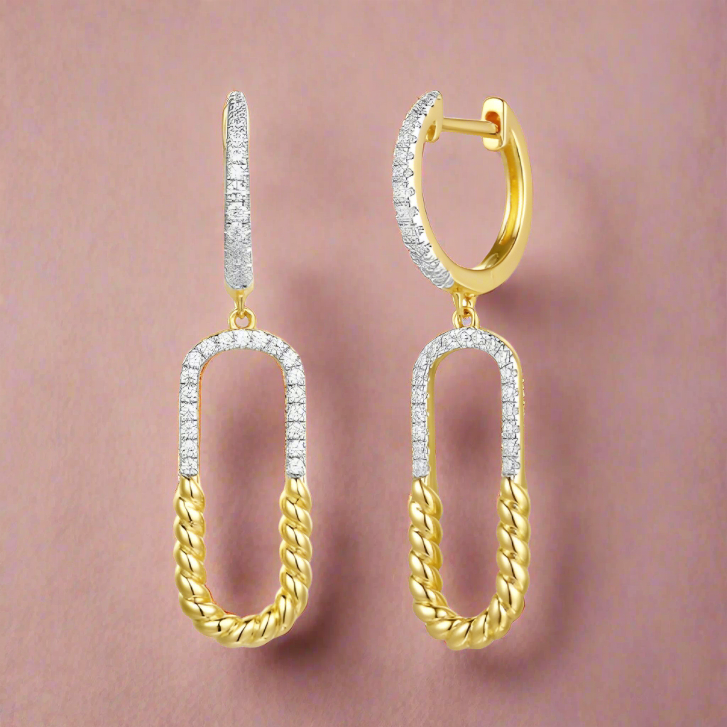 14kt Yellow Gold Diamond Paper Clip Drop Earrings