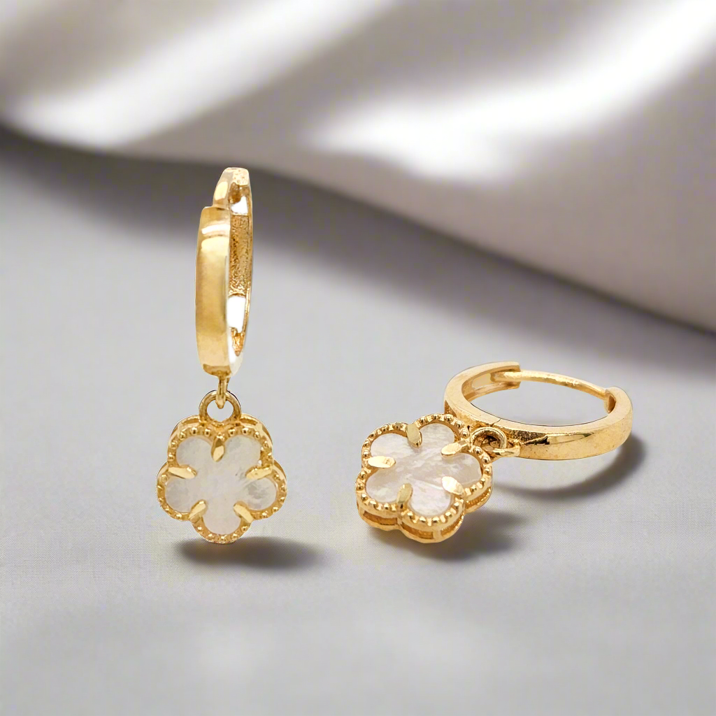 14K Gold Mother of Pearl Flower on Hoop Earring