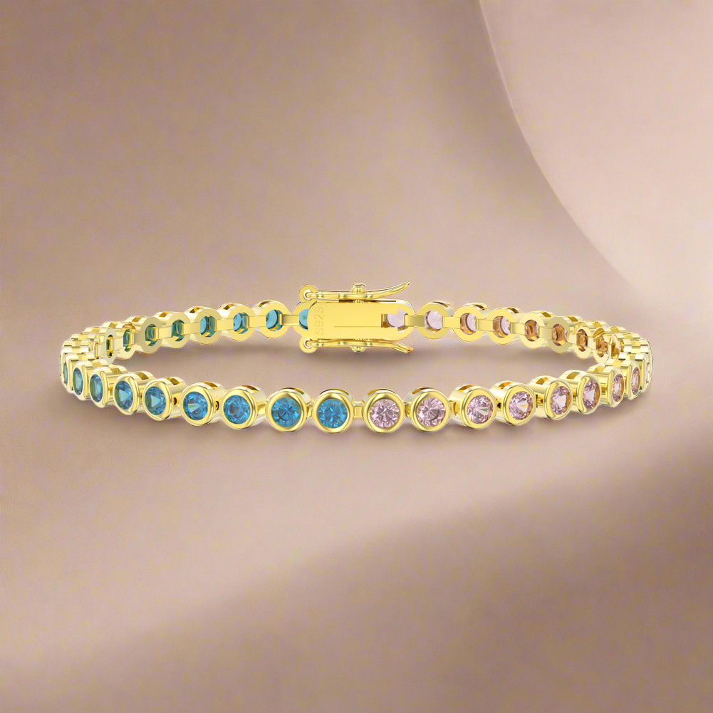 Sterling Silver Bezel Set Round Color Stone Tennis Bracelet
