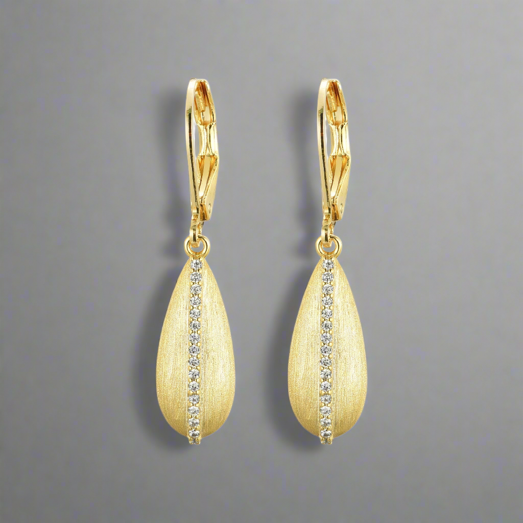 Gold Plated Surgical Steel Brushed Teardrop With CZ Line Earring