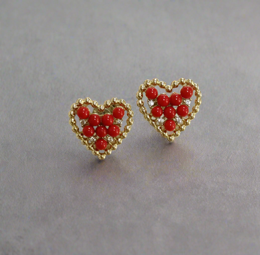 Surgical Steel Red Bead Heart Stud Earrings