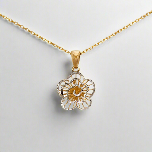 14k Gold Small Diamond Cut Flower Pendant Necklace