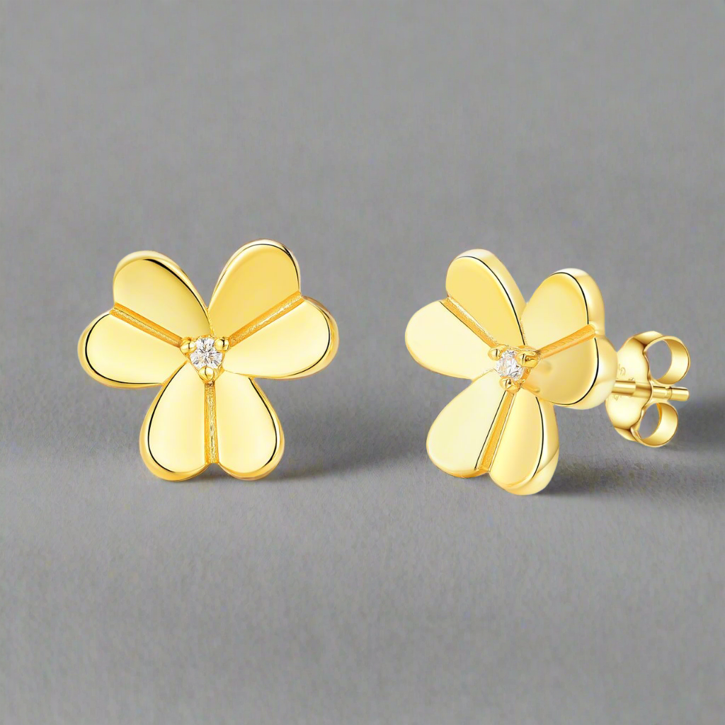 Gold Plated Sterling Silver 6 Petal CZ Flower Stud Earrings