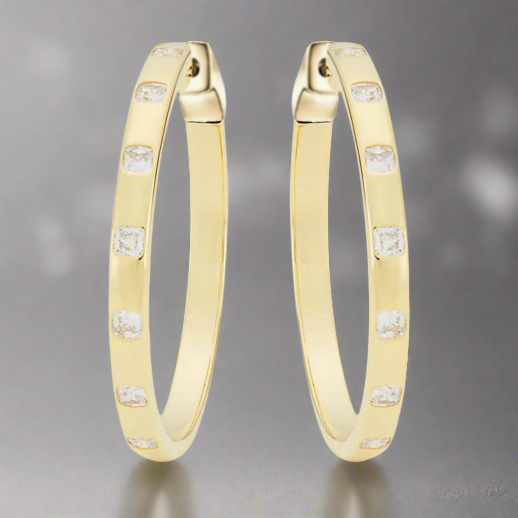 Sterling Silver 1.25" Oval Inlaid Princess Cut CZ Hoop Earrings