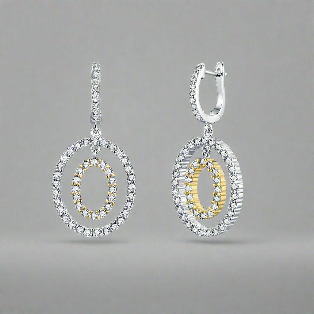 Sterling Silver Two Tone Double Oval CZ Earring