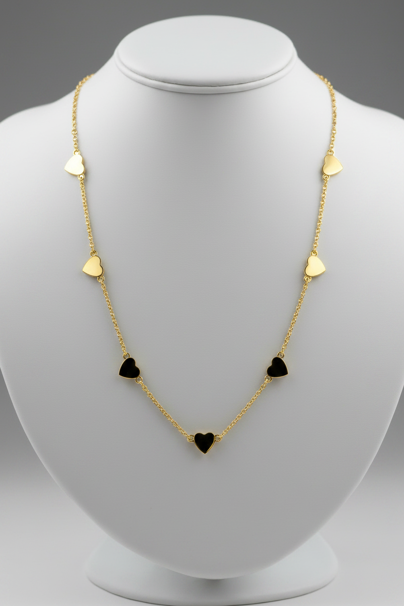 Gold Plated Sterling Silver Shiny Heart Station Necklace