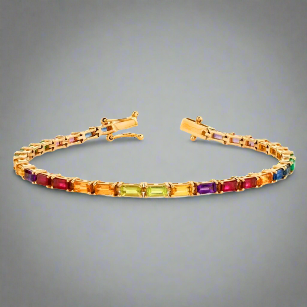 Sterling Silver Baguette Multicolor Nano Sapphire Rainbow Bracelet