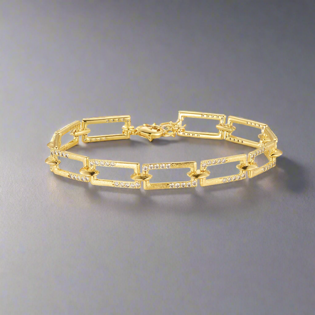 Sterling Silver Rectangular Link With CZs Bracelet