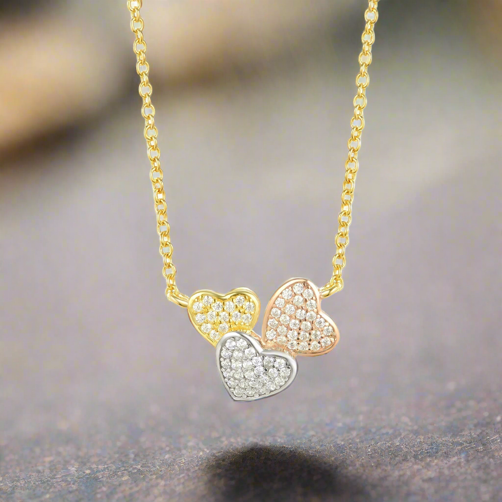 Sterling Silver Triple CZ Heart Necklace