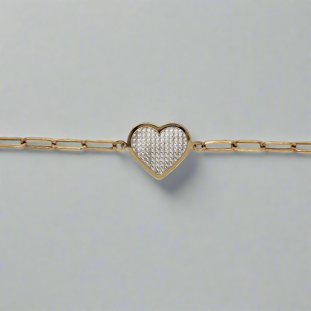 14k Gold Paperclip Bracelet With Center Two Tone Diamond Cut Heart