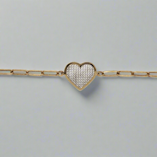 14k Gold Paperclip Bracelet With Center Two Tone Diamond Cut Heart