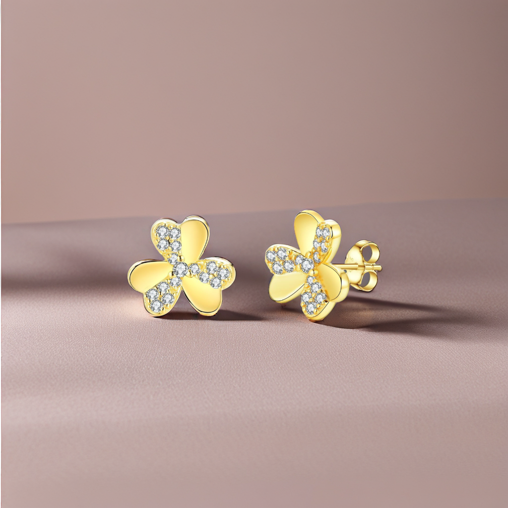 Gold Plated Sterling Silver 6 Petal CZ Flower Stud Earrings