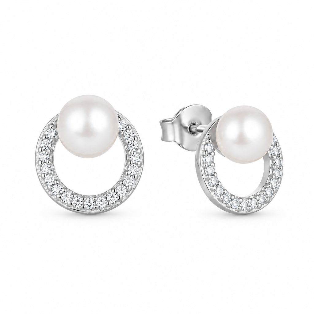 Gold Plated Pearl & CZ Open Circle Stud Earrings – Titanium Post